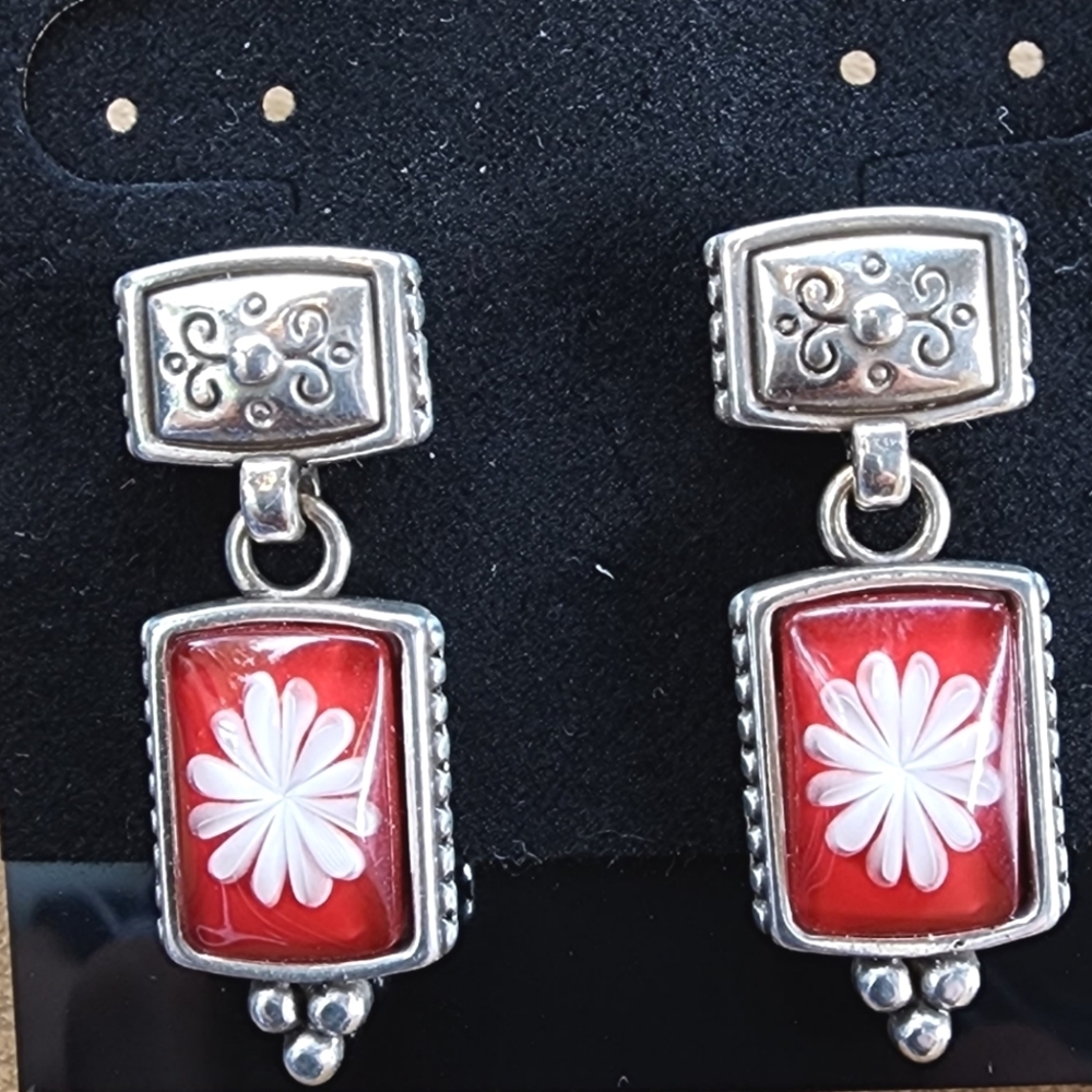 Brighton Red Water Lily Earrings with 3D Flower Silver Toned Metal